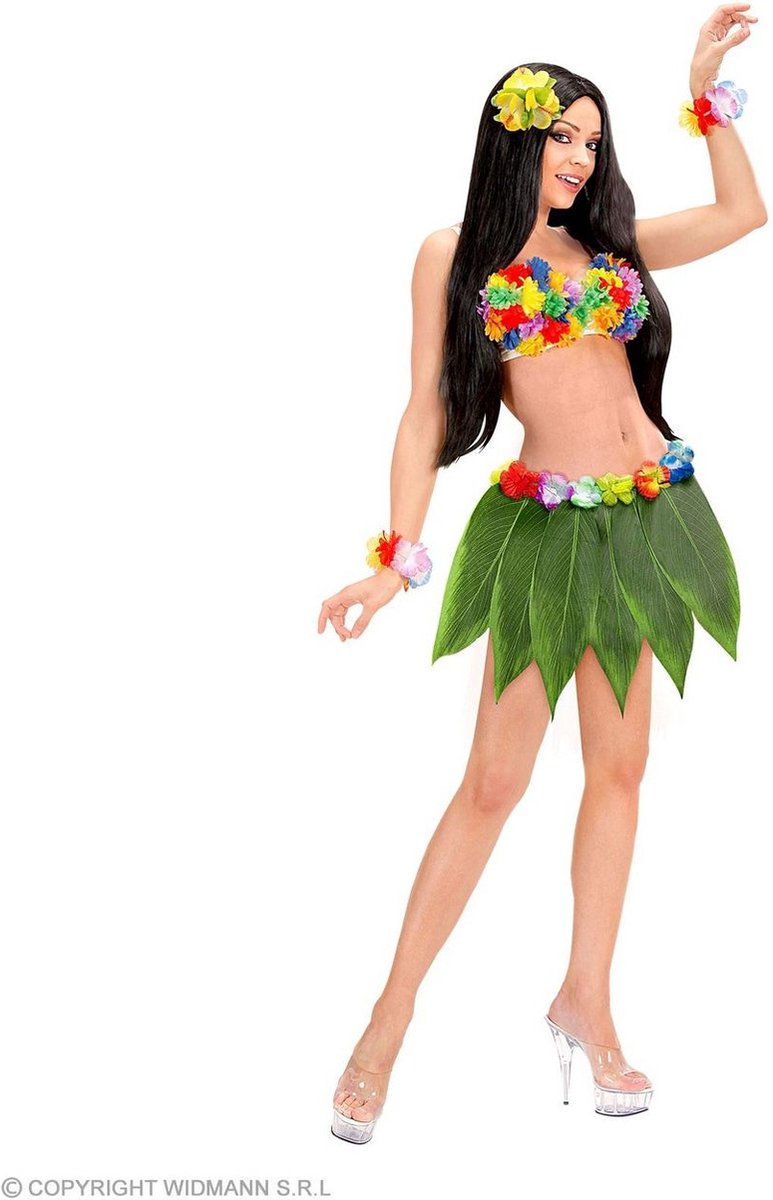 Hawaii & Carribean & Tropisch Kostuum | Hawaiiaanse Bananenbladrok Met Bloemenriem Vrouw | One Size | Carnaval kostuum | Verkleedkleding